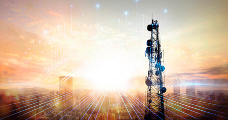 Telecommunication tower against sunset over cityscape. 3D Rendering