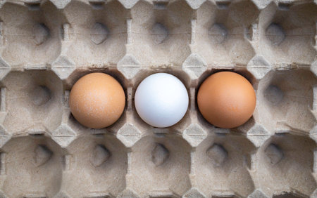 Eggs in a cardboard box on a white background, top view
