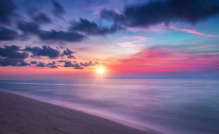 Beautiful sunset on the beach. Panoramic view of the sea.の写真素材