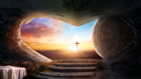 Tomb Empty With Shroud And Crucifixion At Sunrise - Resurrection Of Jesus Christの写真素材