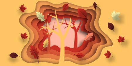 Autumn paper cut with leaves and tree. Abstract background with shapes in yellow, orange, purple colors. Design for decoration, business presentation, posters, prints. Vector.のイラスト素材