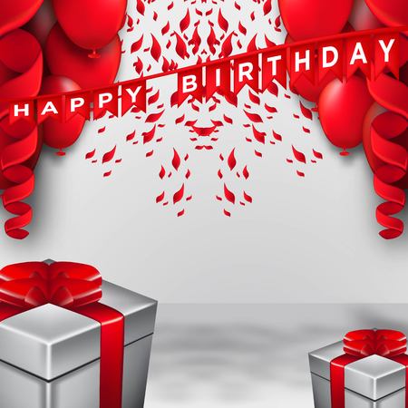 Happy Birthday celebration typography design for greeting card, poster or banner with realistic balloons and falling confetti. Vector illustrationのイラスト素材