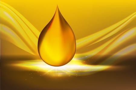 Golden Oil Drops on Yellow Background with Shining Rays. Collagen Essence or Gold Serum Droplets. Vector Illustration. Concept for Cosmetics Brochureのイラスト素材