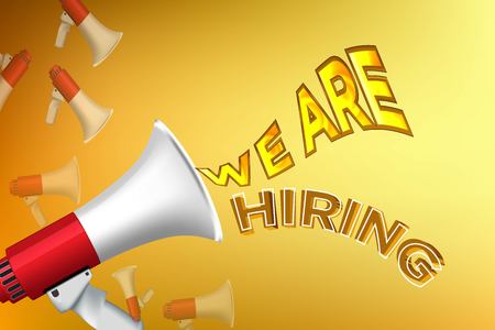 Hiring recruitment design poster. Vector illustration. Open vacancy design template. We are hiring advertising sign with megaphoneのイラスト素材