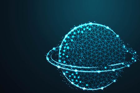 planet with ring, wireframe line concept with crumbled edge on blue night sky with dots, stars and...