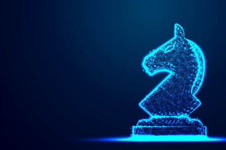 Chess Knight wireframe Polygon blue frame structure, Business strategy concept design. Abstract low poly, Triangle, dot, line, polygon. Shine blue background, Vector illustrationのイラスト素材
