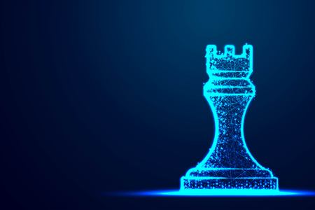 Chess Rook wireframe Polygon blue frame structure, Business strategy concept design. Abstract low poly, Triangle, dot, line, polygon. Shine blue background, Vector illustrationのイラスト素材