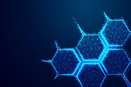 Molecule structure icon form lines and triangles, point connecting network on blue background. Abstract low poly, Triangle, dot, line, polygon. Shine blue background, Vector illustrationのイラスト素材