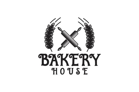 crossed rolling pin, wheat grain, vintage bakery logo Designs Inspiration Isolated on White Backgroundのイラスト素材