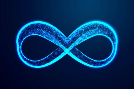 Infinity Icon. Abstract low poly, Triangle, dot, line, polygon. Shine blue background, Vector...