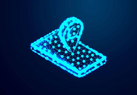 Map point and phone, Abstract low poly, Triangle, dot, line, polygon. Shine blue background, Vector illustrationのイラスト素材