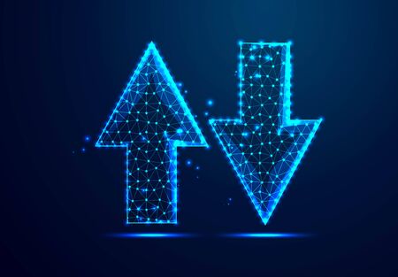 arrow up and arrow down. upload, downloading data concept. growth and down financing symbol. abstract low poly wireframe design. for background or landing page. vector illustrationのイラスト素材