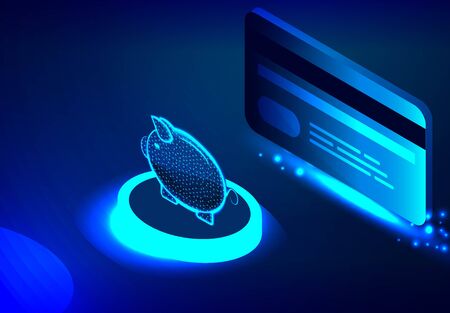 Isometric bank card and pig bank. Money  payment symbol. Vector illustrationのイラスト素材
