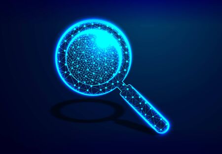 A magnifying glass, Analysis, Search symbol. Business, science, Internet surfing concept. Abstract, digital, wireframe, low poly mesh, Vector Illustrationのイラスト素材