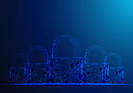 Padlock. Polygonal wireframe mesh looks on dark blue background. Cyber security, safe, privacy or other concept. Vector illustrationのイラスト素材