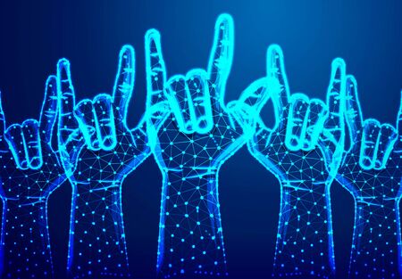 Rock sign gesture for music festival. Abstract Low Poly. Wireframe design. From connecting dot and line. Vector Illustrationのイラスト素材