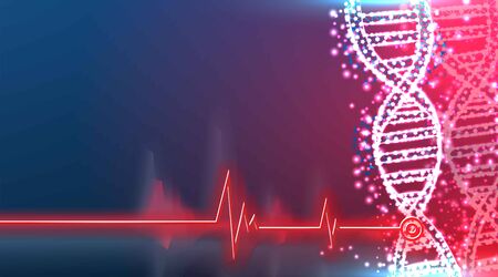 DNA molecule helix spiral on blue. Medical science, genetic biotechnology, chemistry biology, gene cell concept low poly wireframe mesh design. red laser surgeon technology, vector illustrationのイラスト素材