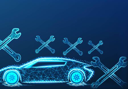Car repairing. form lines and triangles, point connecting network on blue background.  vector Illustrationのイラスト素材