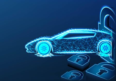 Sport car and padlock, security concept. form lines and triangles, point connecting network on blue background.  vector Illustrationのイラスト素材