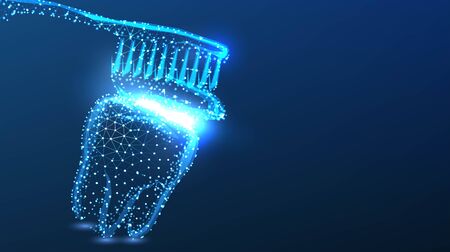 Tooth, toothpaste, toothbrush. Dental care, dentist clinic, stomatology medicine concept. Tooth, Abstract low poly, Triangle, dot, line, polygon. Shine blue background, Vector illustrationのイラスト素材