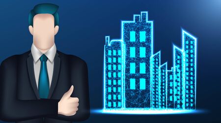 businessman, cityscape town building . Business concept. Vector Illustration on dark blue backgroundのイラスト素材