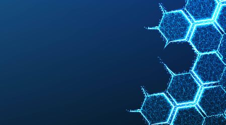 Molecule structure form lines and triangles, hexagon point connecting network on blue background. Abstract low poly, Triangle, dot, line, polygon. Shine blue background, Vector illustrationのイラスト素材