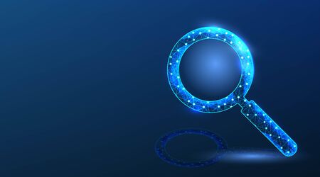 Magnifier tool. Search tool. Abstract Low Poly wireframe mesh design. On dark blue background. Vector Illustrationのイラスト素材