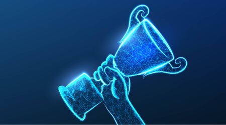 Hand with Trophy cup. Champions award, sport victory concept. Competition success, first place, best win, celebration ceremony symbol. Abstract Low Poly Wireframe Mesh Design. Vector Illustrationのイラスト素材