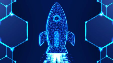 Rocket launch. Business startup concept. abstract low poly wireframe mesh design, vector illustrationのイラスト素材