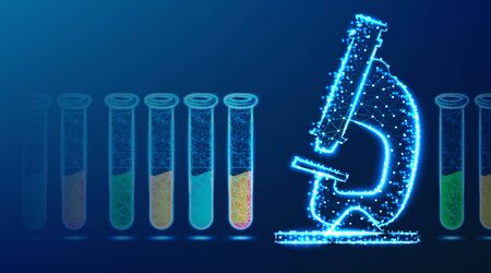 microscope,and flask test tube laboratory equipment.  abstract low poly wireframe mesh design. from connecting dot and line. vector illustration on blue backgroundのイラスト素材