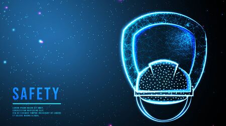 helmet construction, and shield. Security concept. abstract low poly wireframe mesh design. from connecting dot and line. vector illustration.futuristic design on dark blue backgroundのイラスト素材