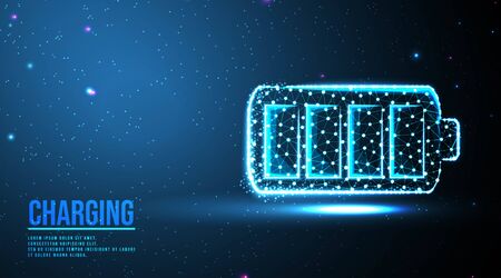 full battery. Fast charging. battery. abstract low poly wireframe mesh design. from connecting dot and line. vector illustration.futuristic design on dark blue backgroundのイラスト素材