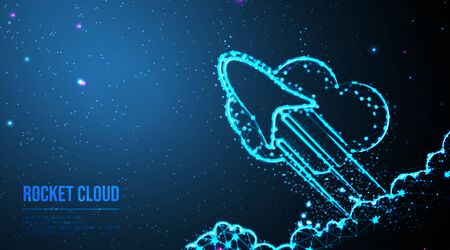 Start up concept. Income and success. Rocket flying out. abstract low poly wireframe mesh design. from connecting dot and line. vector illustration.futuristic design on dark blue backgroundのイラスト素材
