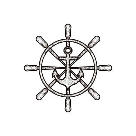 Hand Drawn Wheel Steering Boat Anchor Nautical Logo Ideas