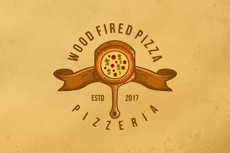 vintage wood fired pizza logo Designs Inspiration Isolated on White Backgroundのイラスト素材