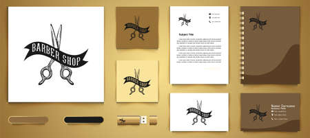 scissor and ribbon, vintage hand drawn logo and business branding template Designs Inspiration Isolated on White Backgroundのイラスト素材