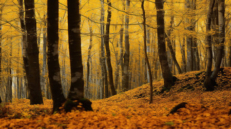 trees with golden leaves growing in woods in fall season AI Generated Imageの素材