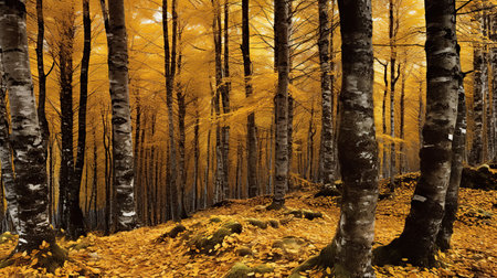 trees with golden leaves growing in woods in fall season AI Generated Imageの素材