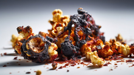 burnt popcorn on white background, generated ai imageの素材