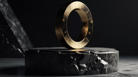 3D background, stone podium display. Beauty cosmetic product promotion black pedestal with gold. Natural rough rock and sun shadow.の素材