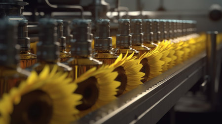 industrial vegetable oil production and bottles filled with sunflower oil , generated ai imageの素材