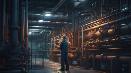 Heating plant technician standing by gas pipes, generated ai imageの素材