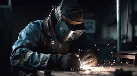 He holds a welding machine in his hand and welds the metal structure. , Ai Generated Imageの素材