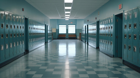 High school lobby corridor interior, generated ai imageの素材