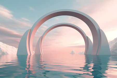 abstract zen seascape background. Nordic surreal scenery with geometric mirror arches, calm water and pastel gradient , Ai Geneated Imageの素材