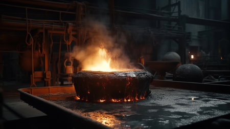 Liquid iron molten metal pouring in container, industrial metallurgical factory, Ai Generated Imageの素材