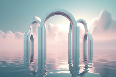 abstract zen seascape background. Nordic surreal scenery with geometric mirror arches, calm water and pastel gradient , Ai Geneated Imageの素材