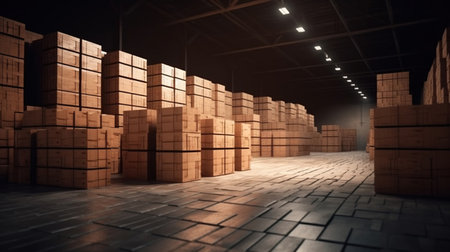 logistic concept, cardboard boxes stacked in the storage warehouse , Ai Generated Imageの素材