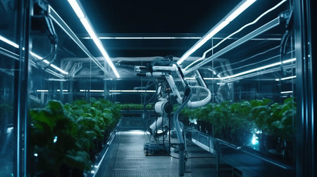 Smart farming agricultural technology Robotic arm harvesting hydroponic lettuce in a greenhouse, Ai Generated Imageの素材