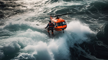 helicopter with a survival swimmer hanging out, generated ai imageの素材